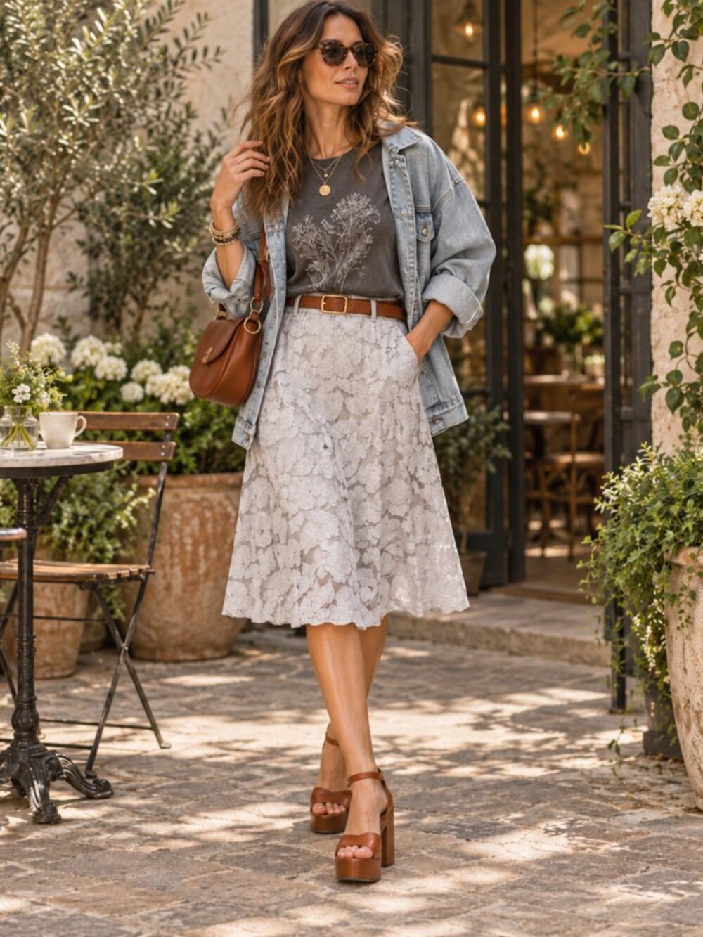 M.S.S.P. Gray Floral Lace Midi Skirt Size L